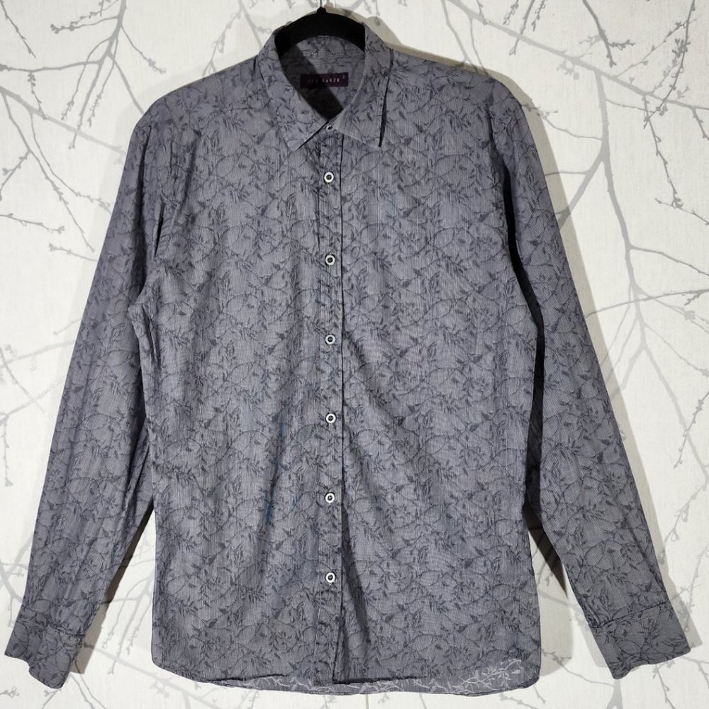 Ted Baker Blue Gray Leaf Vine Print Button Front Shirt